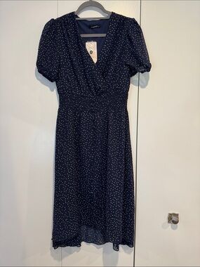 Dot-Print Navy Wrap Midi Dress with Shirred Waist